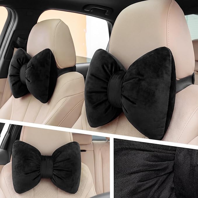 Macarrie 2 Pcs Car Neck Pillow Velvet Bow Headrest Pillow Soft Comfortable Seat Neck Support Cute Bow Car Accessories for Driving Travel Driver Chair Girl Interior Decor (Solid,Black)