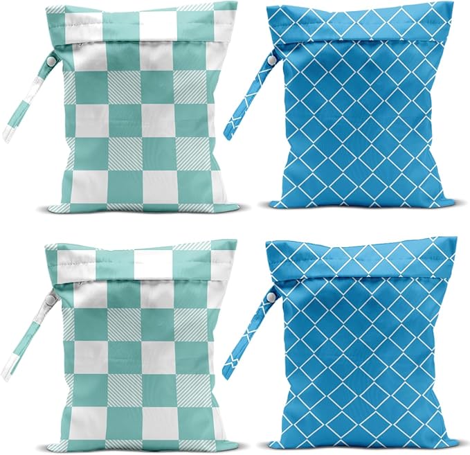Wet Bag, 4Pcs Wet Dry Bag Set, Reusable Waterproof Bags with Blue Diamond Lattice & Mint Checkerboard Prints for Women, Ideal for Beach, Pool & Travel