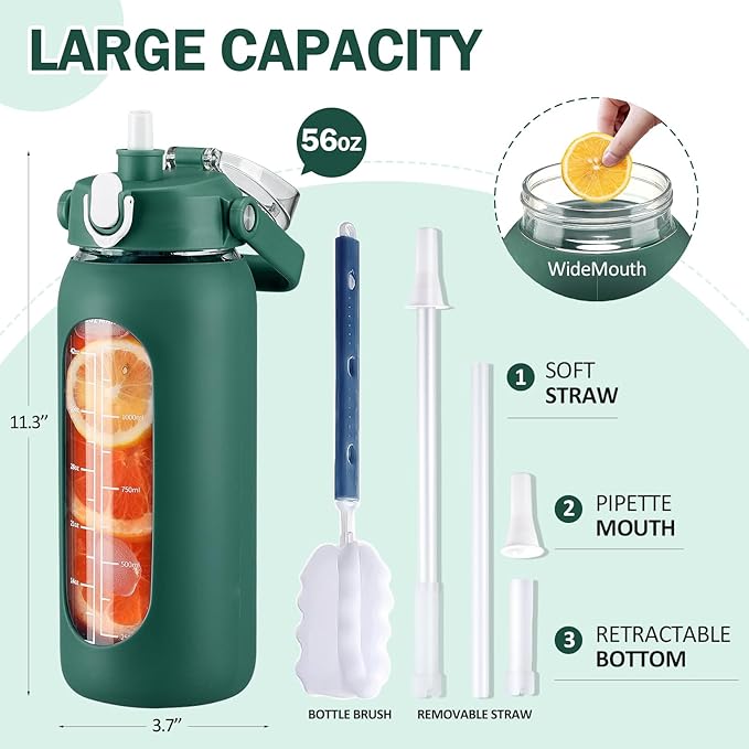 56oz Glass Water Bottles with Straw, Motivational Glass Bottle with Silicone Sleeve and Time Marker, Leakproof Large Glass Water Jug for Gym Home Office,Ink green