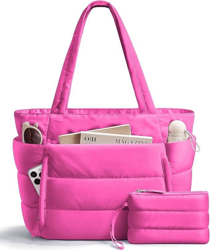 Bagstellar Puffer Tote Bag for Women, Lightweight Puffy Work Handbag Teacher Nurse Quilted Shoulder Bag for School Travel Gym | Cloud Bag w/ Zipper