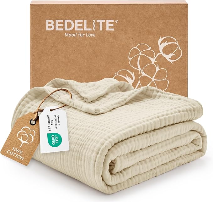 BEDELITE 100% Cotton Muslin Blankets for Adults - 4-Layer Twin Size Breathable and Lightweight Gauze Blanket for Couch, Bed, Travel and Summer, Soft & Cozy Gift for Women, Beige, 60"x80"