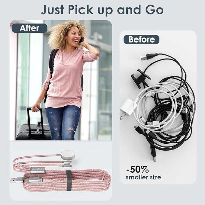 Travel Essentials,Multi Charging Cable for Apple Watch Charger/iPhone Charger/Samsung Charger,Airplane Gadgets RV Essentials for iWatch Ultra/10-2/iPhone 17-11/Samsung S25-S20,airPods,Car-4FT Pink