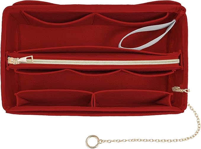 Purse Organizer Insert, Handbag Organizer with Zipper, Tote Shaper with Cup Holder & Keychain, Compatible with LV, Neverfull, MK, COACH, Longchamp, Kate Spade – Red-XL