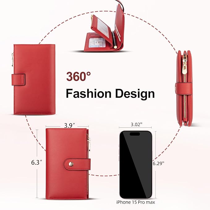 yiijay Womens Wallet RFID Blocking Leather Trifold Clutch Wallet Credit Card Holder Ladies Travel Wallet Purse with Pen Holder