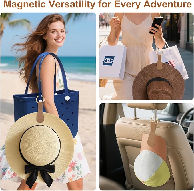 Fikoksol Magnetic Hat Clip 2-Pack - Brown Hat Clip for Travel on Bag, Magnetic Hat Clips for Bag, and Secure Hat Holder for Travel on Caps & Beach Hats, Vacation Essentials