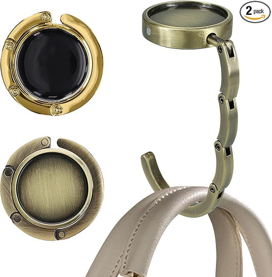 kwmobile Purse Hook for Table - Set of 2 Purse Holder - Folding Handbag Hanger - Portable Bag Holder - Bag Hooks for Desk - Table Hook Bronze/Gold