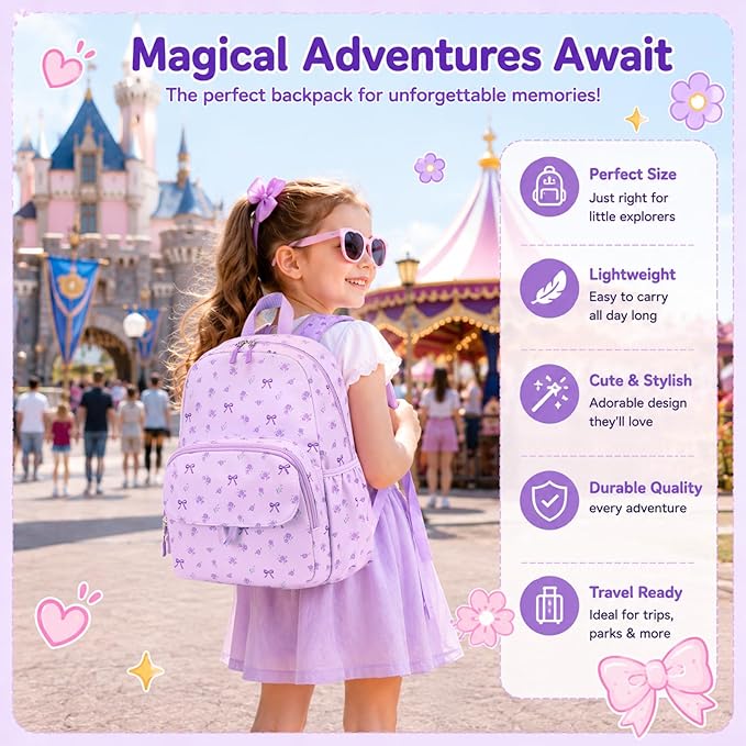 BTOOP Kids Backpack for Girls 4-6, Small Girls Backpack-Preschool Kindergarten School Bookbag with Insulated Lunch Compartment & Chest Strap for Girl (Purple-Bow, Age 3-6 (14.5" H Fit Folder))