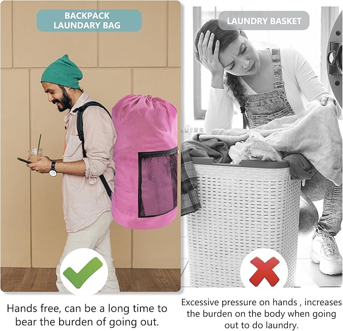 Olosar Laundry Bag Backpack, Extra Large Travel Laundry Bag with Mesh Pocket & Adjustable Shoulder Straps,Dirty Clothes Travel Bag for College Students Dorm,Apartment(Pink)