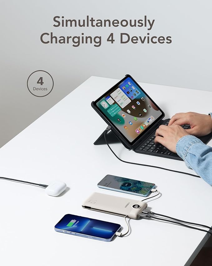 VEGER Portable Charger with Built-in AC Plug and Cables, All in One 10000mAh Ultra Slim Power Bank Emergency Fast Charging for Travel Battery Pack Compatible with iPhone, Samsung, Android, Coffee