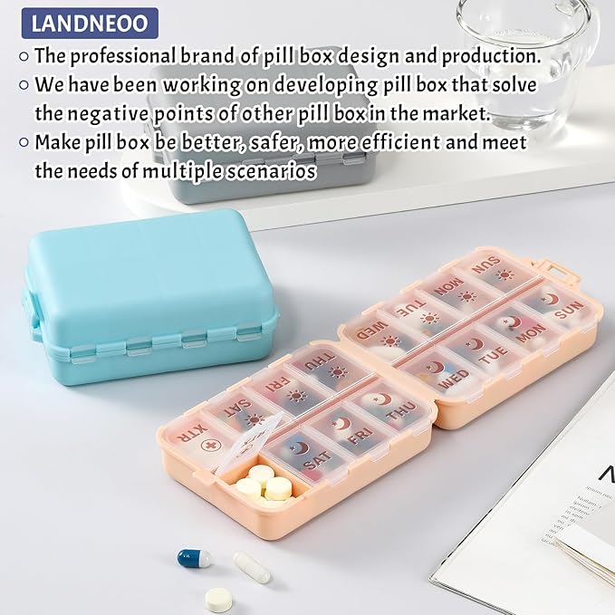 Foldable & Portable Pill Organizer 2 Times A Day with Extra Compartments - Etched Labels - Weekly 7 Day AM PM Medicine Box, Week Daily Travel Pill Case Holder Dispenser for Vitamin, Supplement - Khaki