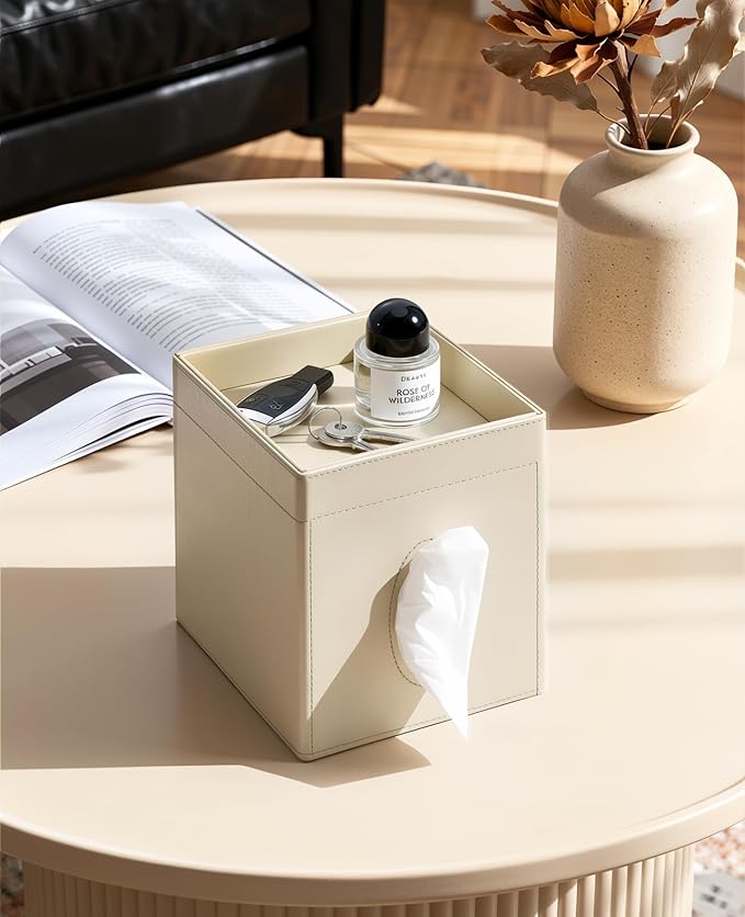 Luxspire Square Tissue Box Cover, PU Leather Square Tissue Box Cover with Storage Tray, Tissue Box Holder, Tissues Cube Boxes Cover for Living Room, Bedroom Countertop Cars Hotels, Khaki