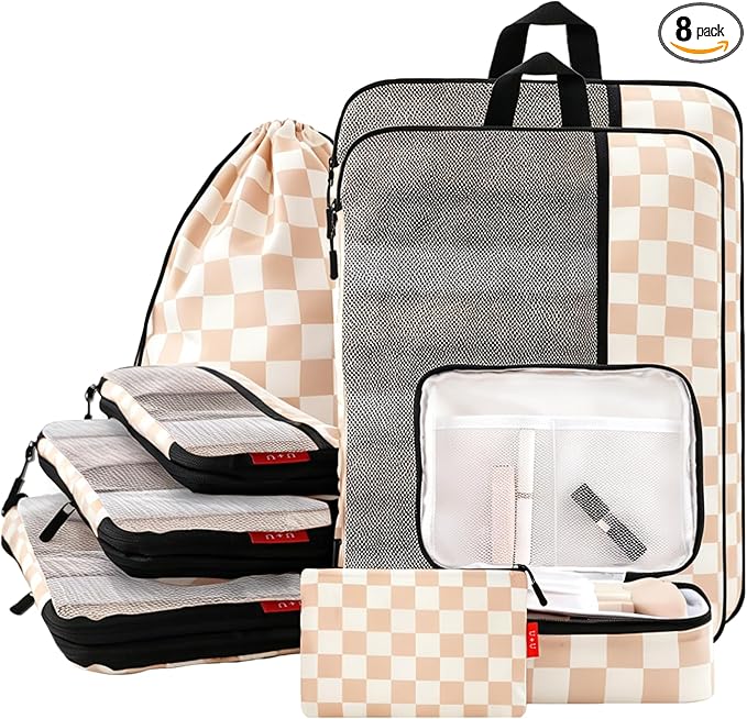 U+U 8 Set Compression Packing Cubes - Ultralight Travel Organizers with Laundry Bag and Cosmetic Bag, Space-Saving Suitcase Organizer for Travel, Business Trip and Family Vacation (Khaki Checkered)