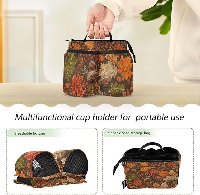 Luggage Cup Holder for Suitcases Free Hands Suitcase Cup Holder Travel Luggage Drink Holder Portable Luggage Cup Caddy Bag Carrier with Handle Brown Maple Leaves Acorns Berries Branches