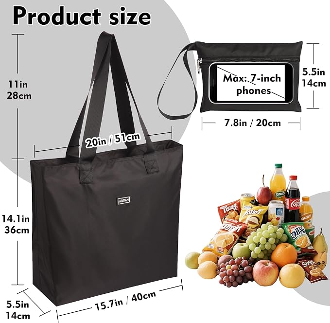 AOTIAN Heavy Duty 20 Liter Reusable Grocery Bags, Thickened Tear-Resistant Polyester Fabric Foldable Machine Washable Shopping Bags, Zipper Closure Water-Resistant Large Tote Bag Travel Gym Beach Bag