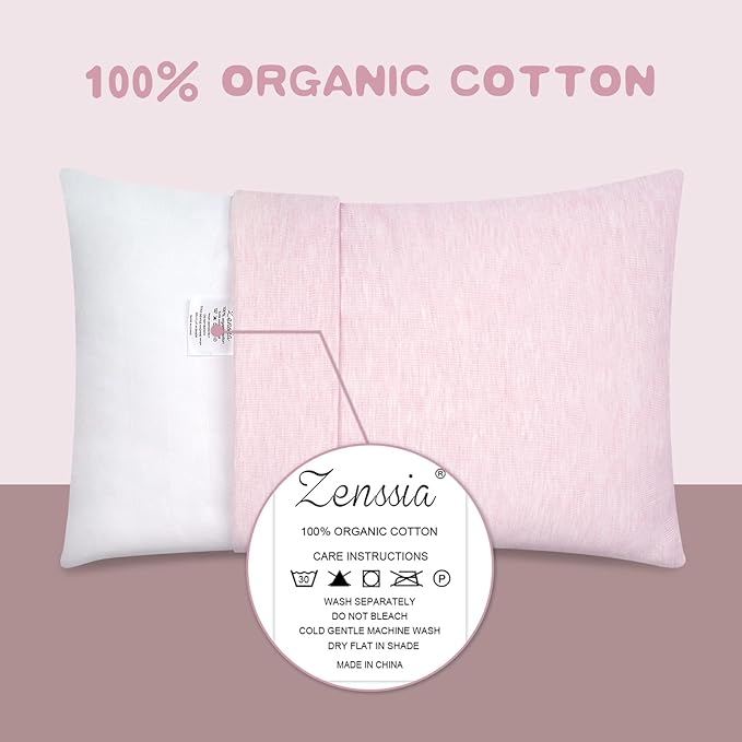 Zenssia Organic Cotton Toddler Pillowcase/Travel Pillowcase Pack of 2 Set 13x18 Inches with Envelope Closure - Soft & Breathable Baby Pillow Case Cover Solid Pink