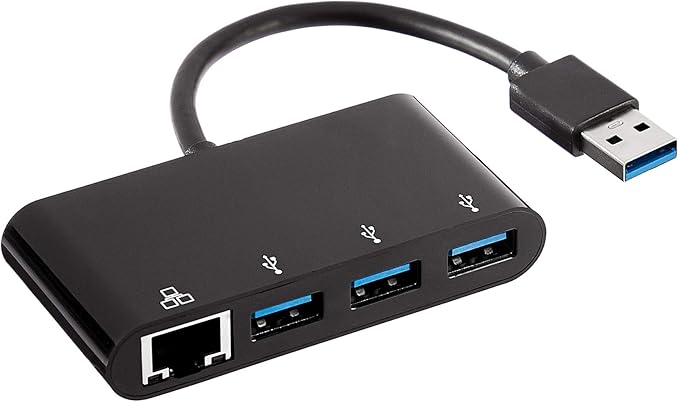 Amazon Basics 4-Port USB 3.0 Hub with 3 USB-A Ports & 1 RJ45 Gigabit Ethernet Port, High-Speed Network Adapter for Laptops, Black