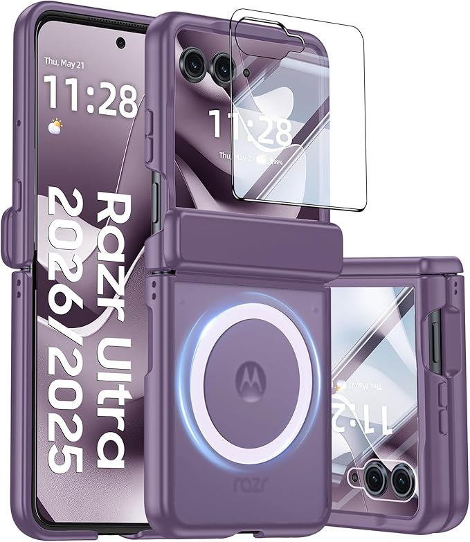Magnetic for Motorola Razr Ultra 2026/2025 Case,Hinge Protection, Screen Protector, Compatible with MagSafe, Translucent Frosted, Shockproof Slim Cover for Razr Ultra 2026/2025-Purple