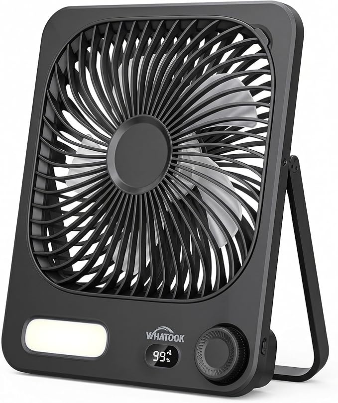 WHATOOK Small Desk Fan Rechargeable - 10000mAh Battery Operated Portable Fan with 100 Speeds & Night Light, Ultra Quiet Personal Desktop Fan for Bedroom, Office, Camping & RV Tent (Black)