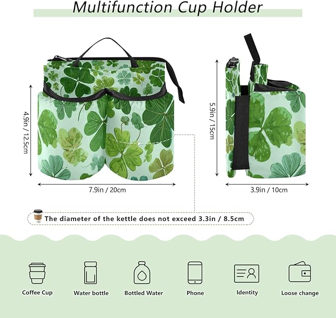 Luggage Cup Holder for Suitcases Free Hands Suitcase Cup Holder Travel Luggage Drink Holder Portable Luggage Cup Caddy Bag Carrier with Handle Green Nature St Patrick Clovers