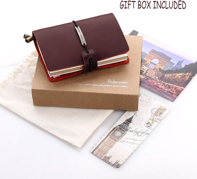 Robrasim Refillable Handmade Travelers Notebook, Leather Travel Journal Notebook for Men & Women, Perfect for Writing, Gifts, Travelers, 5.2" x 4" Inches - Wine