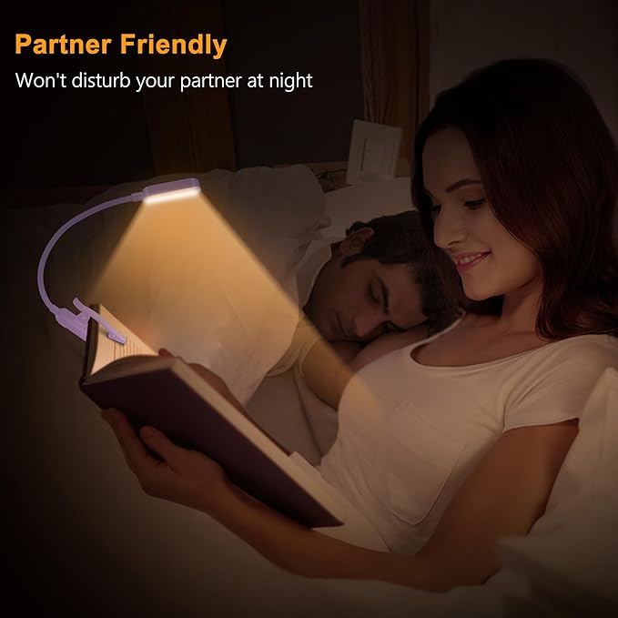 Gritin 16 LED Rechargeable Book Light for Reading in Bed- Eye Caring 3 Color Temperatures, Stepless Dimming Brightness, 80 Hrs Runtime, Lightweight Flexible Clip on Light for Book Lovers-Purple