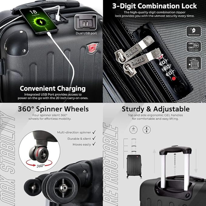 DUKAP INTELY Luggage with Integrated USB Port and Spinner Wheel | Spacious Travel Suitcase with TSA Lock and Ergonomic GEL Handle | 20 Inch Hardside Carry-On Luggage | Black