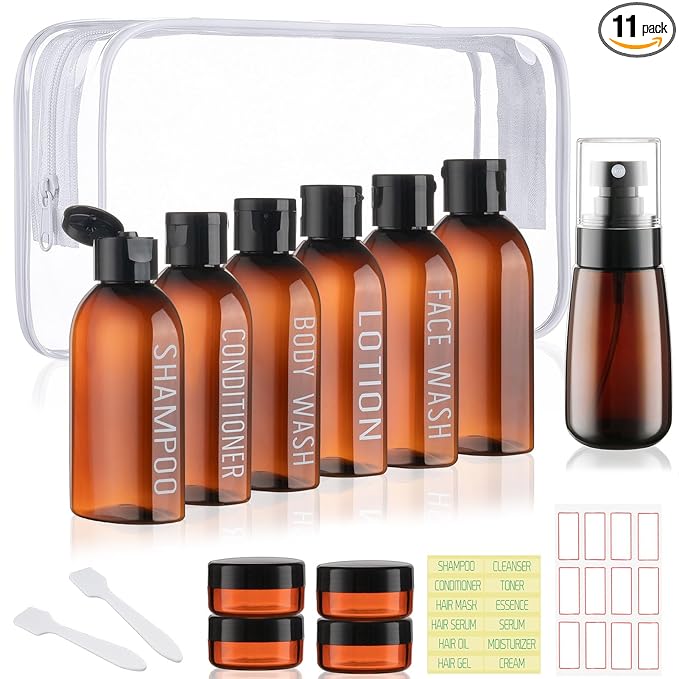 Travel Kit - 10 Pcs Travel Bottles for Toiletries, TSA Approved, Leak Proof Plastic Small Cream Jars & Refillable Spray Bottle for Shampoo, Conditioner (Brown)