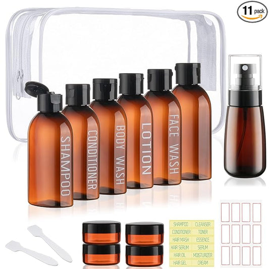 Travel Kit - 10 Pcs Travel Bottles for Toiletries, TSA Approved, Leak Proof Plastic Small Cream Jars & Refillable Spray Bottle for Shampoo, Conditioner (Brown)