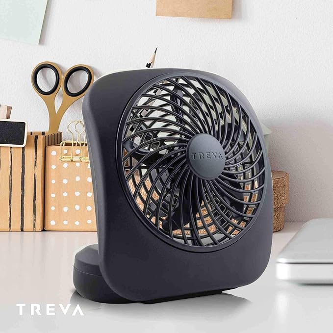 Treva 5 Inch Battery Powered Fan Portable Desk Fan 2 Cooling Speeds with Compact Folding & Tilt Design Cubicle Accessories Small Portable 2 Pack (Black)