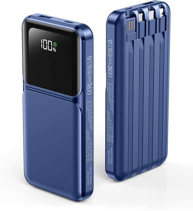 RONEGN Portable Charger with Built in Cable 10000mah USB C Power Bank Fast Charging Travel Essential Battery Pack for iPhone Samsung Android iPad etc