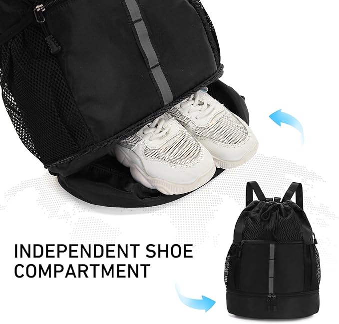Valleycomfy Drawstring Gym Bag Sports Backpack With Shoe Compartment and Reflective Strips Black