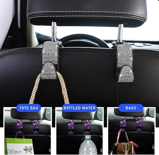 Ohleats 4 PCS Bling Car Seat Headrest Hooks, Crystal Rhinestone Back Seat Hanging Storage Organizer, Vehicle Seat Hanger Holder for Purse Handbag Coat, Interior Car Accessories (Purple)