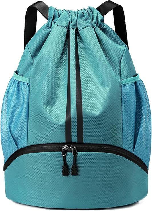 JELUTAR Drawstring Backpack Gym Bag with Shoes Compartment for Soccer, Basketball, Swim, Water-Resistant String Backpack Beach Cinch for Women Men, Teal