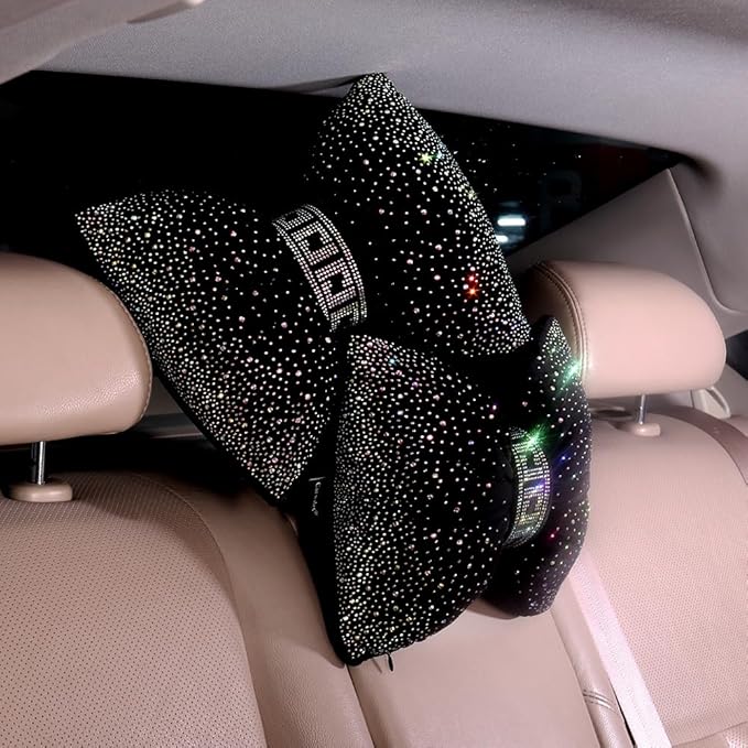Carwales Bow Neck Support Pillow for Driving Seat Travel Head Rest Sparkly Bling Car Accessories Sparkly Rhinestone Headrest Black 2pcs for Women Men
