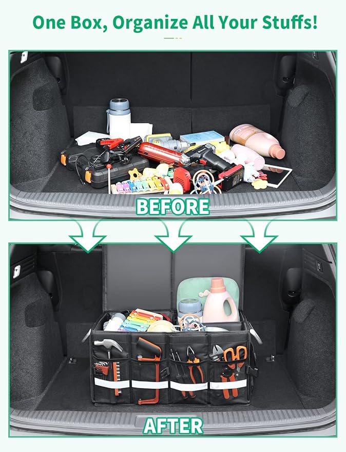 Oasser Trunk Organizer, Large, Black | Waterproof, Collapsible, Foldable Hard Cover, Aluminium Alloy Handle, Reflective Strip