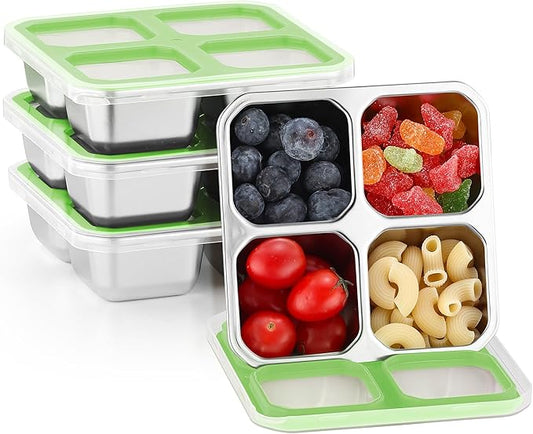 BEFOY 4 Pack Stainless Steel Snack Containers with Lids 4 Compartment Food Storage Containers for Adults & Kids Meal Prep Containers Reusablele (Green, 4)