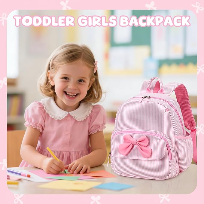 BTOOP Toddler Backpack for Girls 2-4 Preschool Kindergarten Backpacks with Insulated Pocket Cute Kids Daycare Bags School Travel (Pink Bow Stripes)