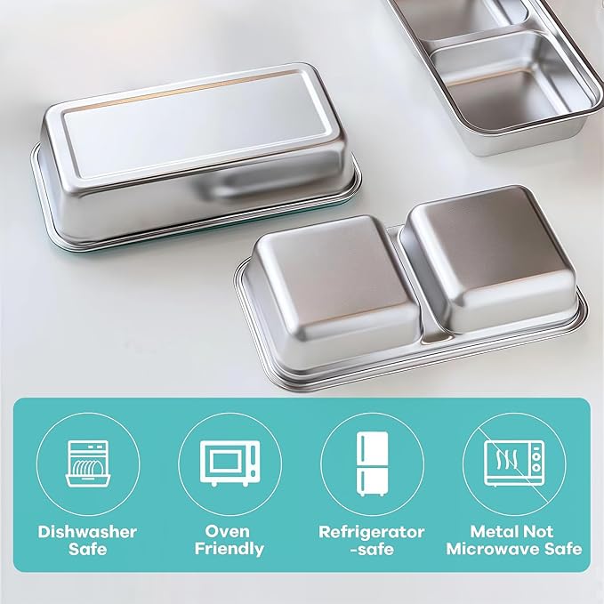 4Pcs 304 Stainless Steel Bento Boxes, 2 Compartments Portable Food Storage Containers Snack Boxes with Lids, Divided Meal Prep Lunch Box Food Container Dishwasher Safe