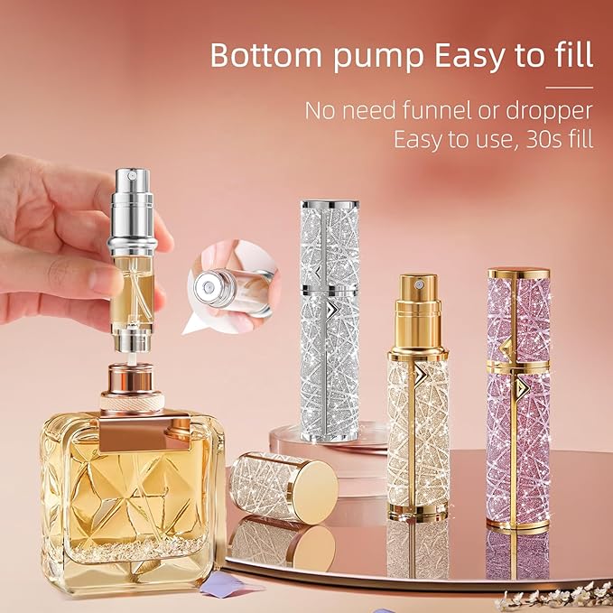 Perfume Travel Refillable Bottle, Cologne Portable Atomizer Fragrance Scent Sprayer with Sparkling Brilliantly, Pump Fill from Bottom Pocket Size 5ml for Travel Essentials & Best Gift(Silver)