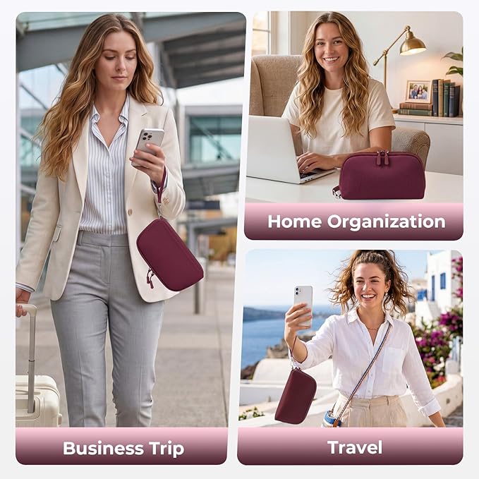 FYY Travel Cable Organizer - 8 Compartments Lightweight Water Resistant Tech Pouch with Wrist Strap, Portable Electronic Accessories Case for Cord Charger Storage for Travel Office Wine Red (Large)