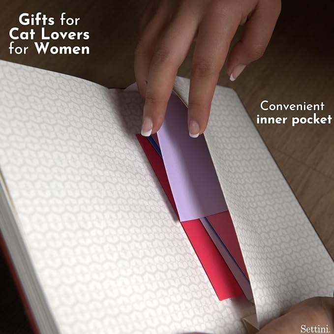 SETTINI® Lined Journal - Cat Journal for Writing Gift Set - Hardcover Vegan Leather, Includes Luxury Pen in a Unique Pen Holder, 192 Pages, A5, Fathers Day Gift, Journal for Women