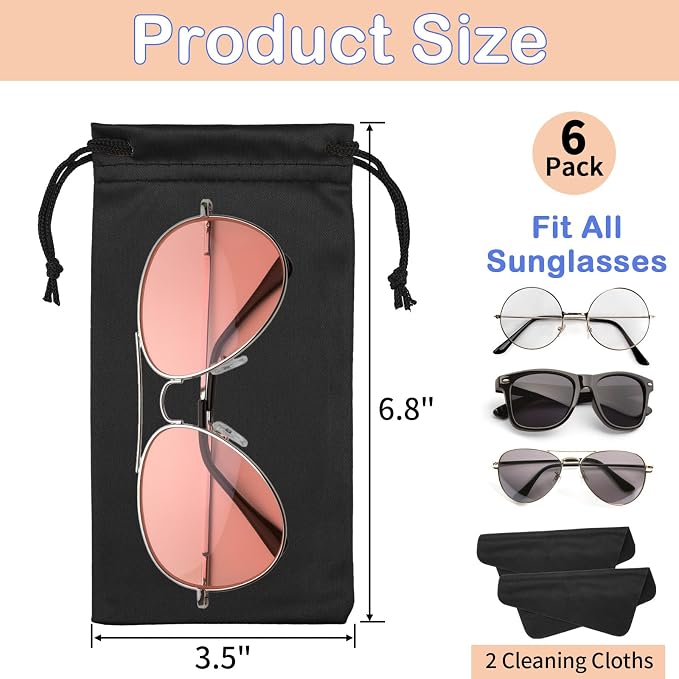 Hoiny 6 Pcs Microfiber Glasses Sunglasses Pouch with 2 Cleaning Cloths, Soft Drawstring Storage Bag for Phone, Eyeglass Case