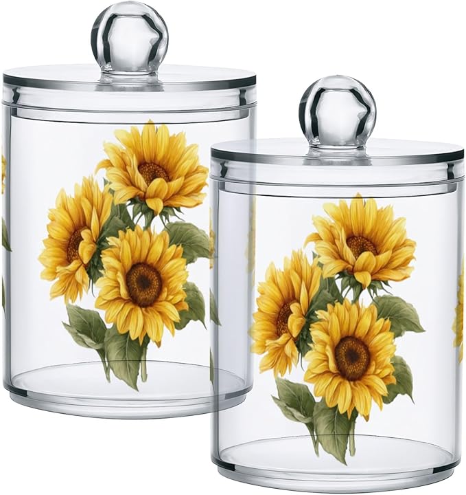 Gredecor Qtip Holder Dispenser 4 Pack Yellow Watercolor Sunflowers Apothecary Jars with Lids Bathroom Vanity Countertop Canister Storage Organizer for Cotton Ball,Swabs,Pads,Floss