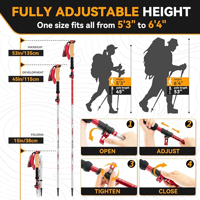 Collapsible Trekking Poles for Hiking - Lightweight Adjustable Aluminum Folding Hiking Poles, Cork Grip Walking Sticks for Seniors, Women & Men (2 Pack)