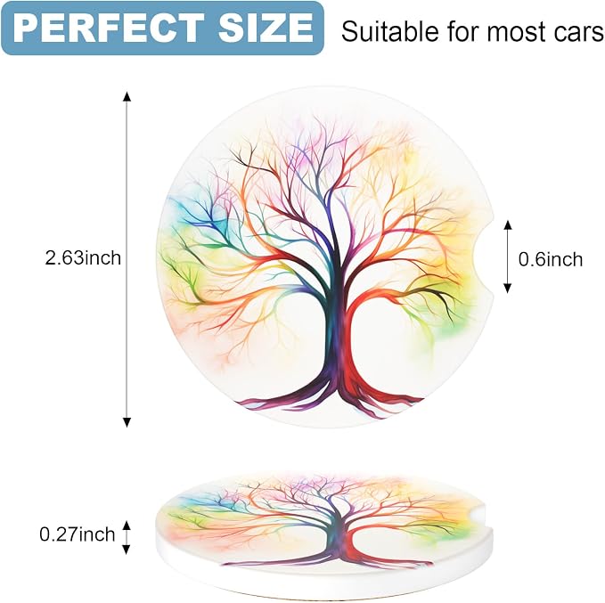 2 Pack Cup Holder Coaster, 2.63inch Anti Slip Insert Absorbent Ceramic Coaster With Cork Base and Finger Notch, Cute Car Accessories Interior for Women (Tree)