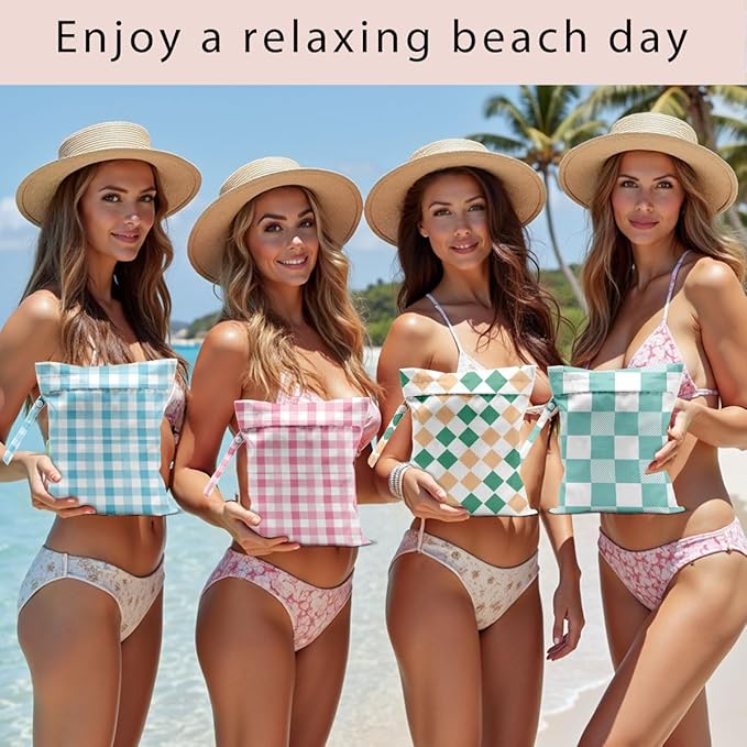 Wet Bag, 4Pcs Wet Dry Bag Set, Reusable Waterproof Bags with Fresh Plaid Patterns for Women, Suitable for Beach Trips, Pool Activities & Daily Organizing