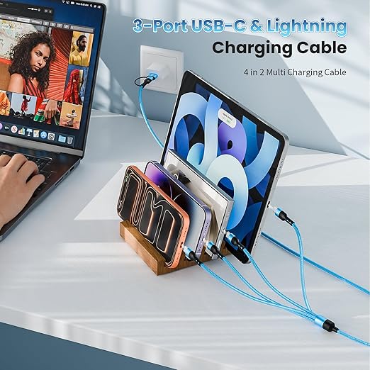 Travel Essentials, 4 in 2 Multi Charging Cable 3 USB C Chargers for iPhone 17, Multi Charger Cord with 3 Type C/IP, Compatible for iPhone 17 to 11, Android, Galaxy, iPad, Data Sync, 5 FT