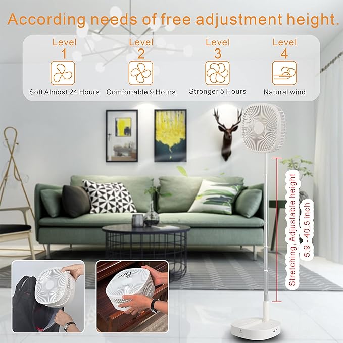 Magesh Portable Pedestal Fan - Foldaway Standing Fan Foldable Desk Fan, Use 7200Mah Rechargeable Battery, Remote Control Telescopic 4 Speed Quiet Timer Fan for Home Kitchen Outdoor Camping (White)