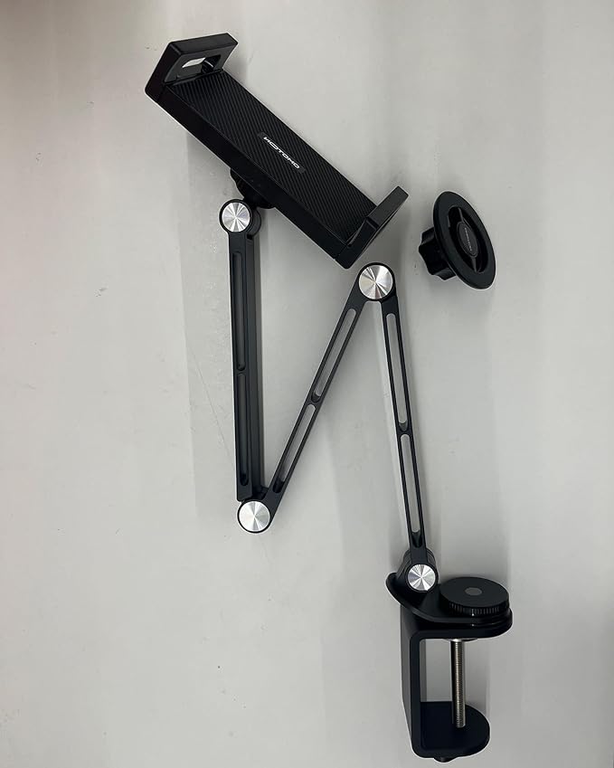 OMOTON Tablet Stand for iPad with 360° Rotation, GH04 Aluminum Alloy Long Arm Phone Mount with Magnetic Phone Head & Plastic Tablet Clamp, Adjustable Holder for 4-13" iPad Pro/iPhone, Black