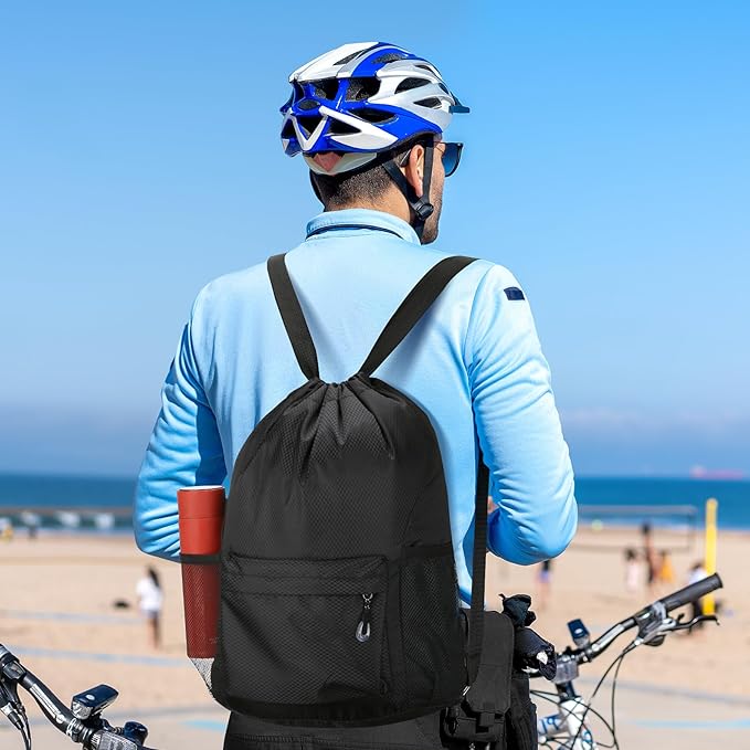 Waterproof Drawstring Bag, Lightweight String Backpack with Water Bottle Holder and Pockets, Gym Sports Cinch Sackpack (Black)